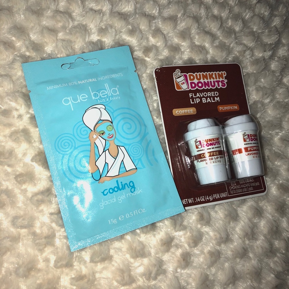 Que Bella face mask and Dunkin’ Donuts lib balm